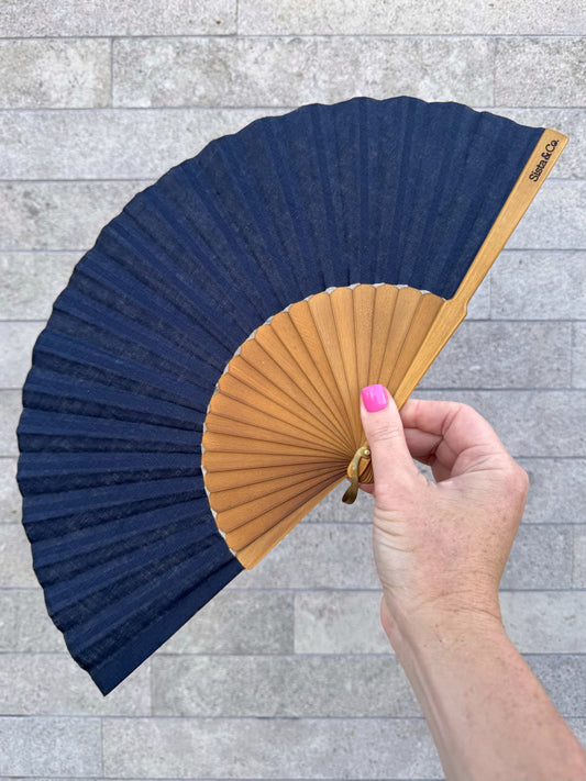 Navy Linen Hand Fan