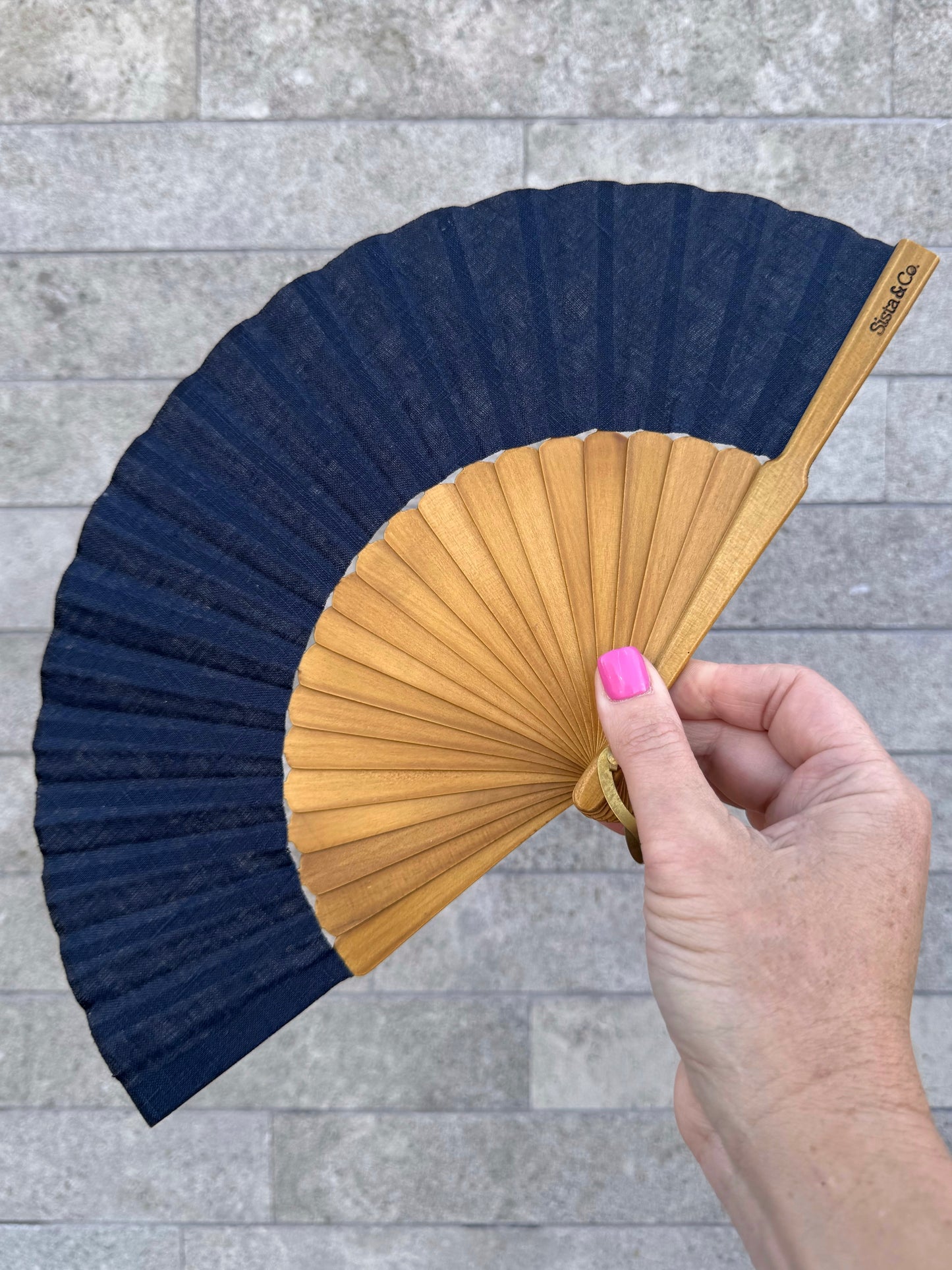 Navy Linen Hand Fan
